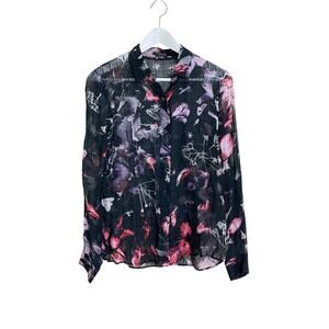 Theory Women's Size TP Black Sheer Silk Blend Floral Print Button Down Shirt
